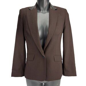 TARA JARMON Brown Wool Academia Leather Collar Chocolate Office Blazer Jacket 38